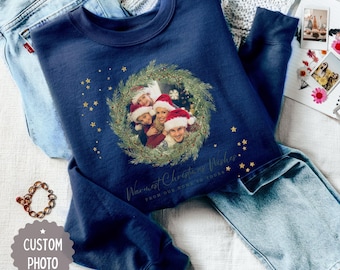 Family Christmas Sweatshirt with Custom Photo Wreath Frame for Holiday Gift