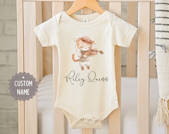Personalized Kitty Violin Baby Bodysuit: Cat Lover Newborn Gift