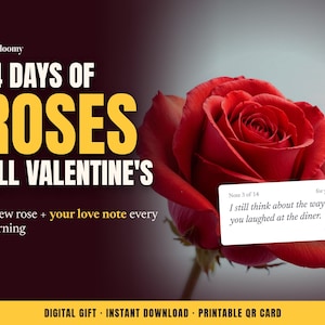 May include: A vibrant red rose with a white rectangular card featuring the text Note 3 of 14, for you, I still think about the way you laughed at the diner, and - J. The background displays the text 14 DAYS OF ROSES TILL VALENTINE'S.