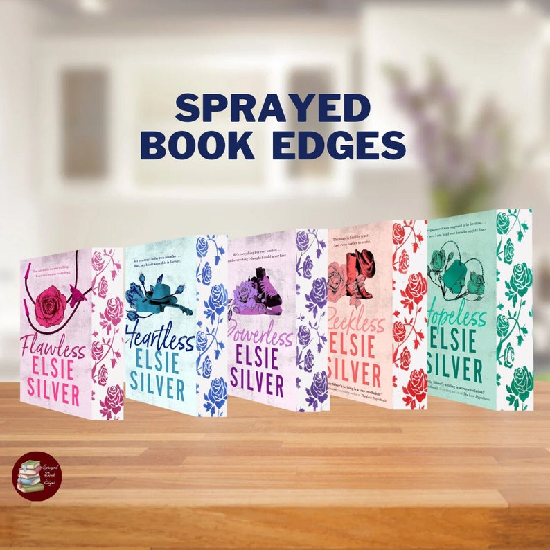 May include: Five paperback books with sprayed edges. The books are titled "Flawless Elsie Silver", "Heartless Elsie Silver", "Powerless Elsie Silver", "Reckless Elsie Silver", and "Hopeless Elsie Silver". Each book cover features a rose design with a different colour scheme.