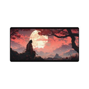 Shadowed Tranquility: Samurai Under Sakura Tree Desk Mat