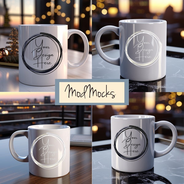 4x Coffee Mug Mockup Cool Evening Background, High Definition Graphic Design Mockup PNG Digital Download Set of Four Lovely Mug Scenes