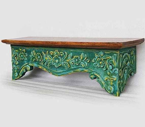 Vintage Indian Shelf with Green Paint Finish Vintage Indian Shelf with Green Paint Finish