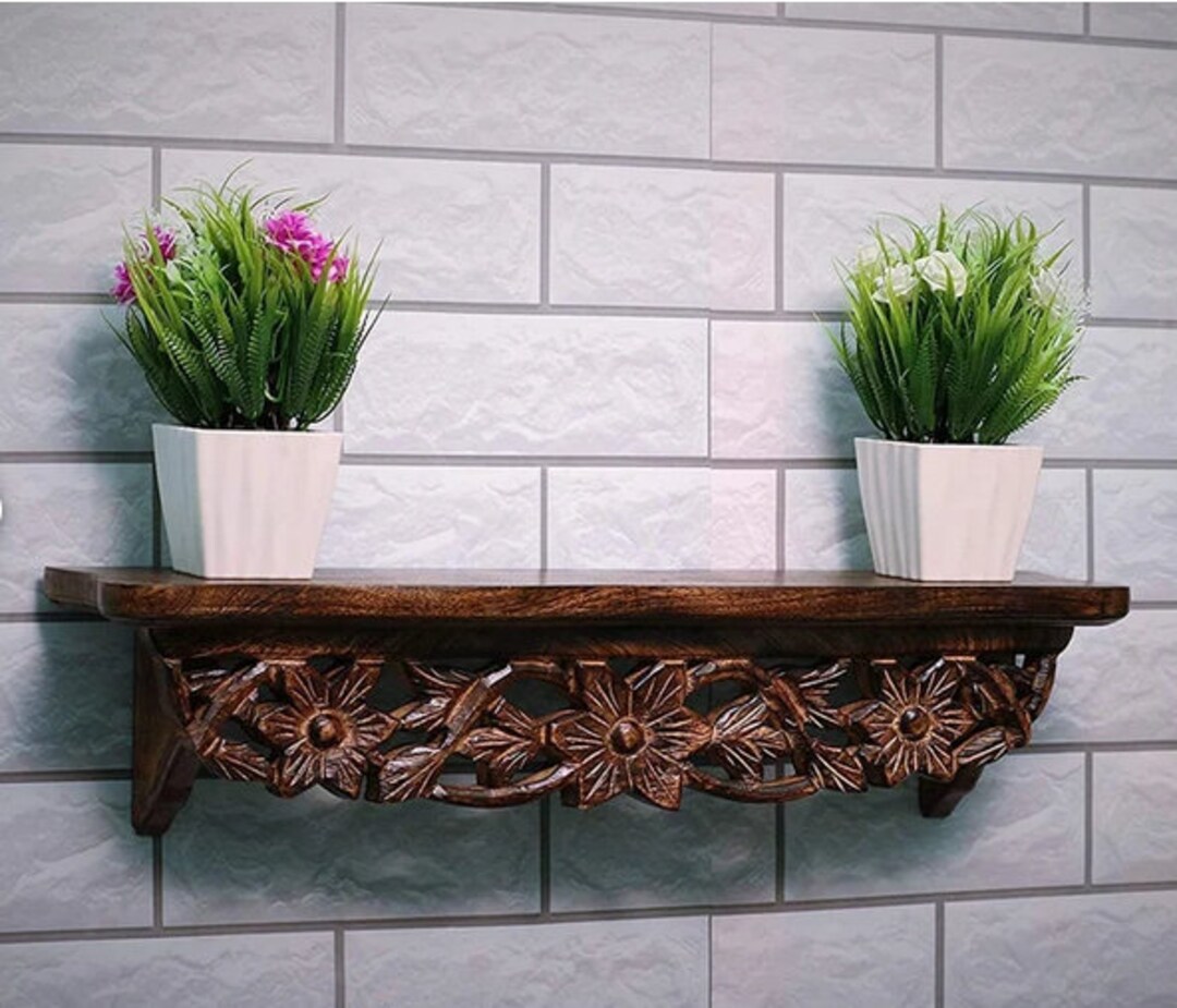 Hand Built Shelf Floating Shelf Handmade Wood Wall Shelf Carved Flower Shelf Wall ...