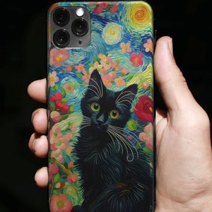 Van Gogh Style Black Cat Phone Case, Cute and Trendy Cover ,iPhone 15 14 13 12 11 Pro Max 8 Plus X,Samsung S24 S23 S22 S21 S20 Plus