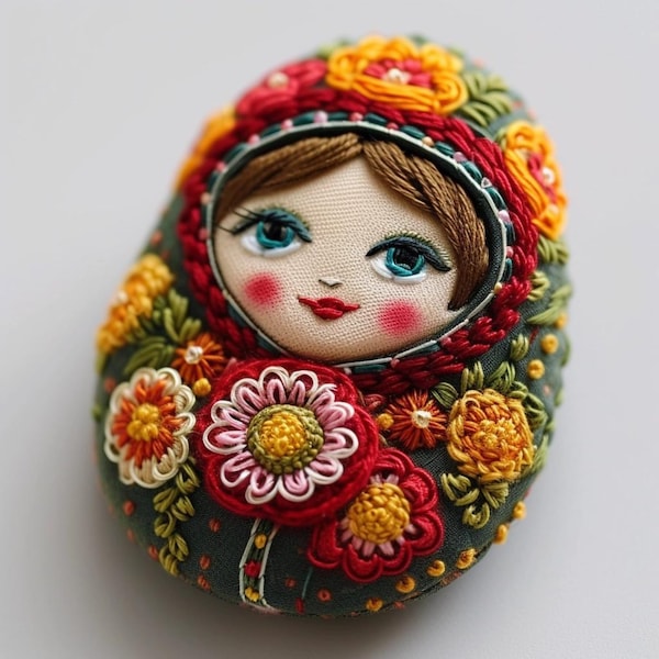 beautiful russian doll Matroshka embroidered brooch