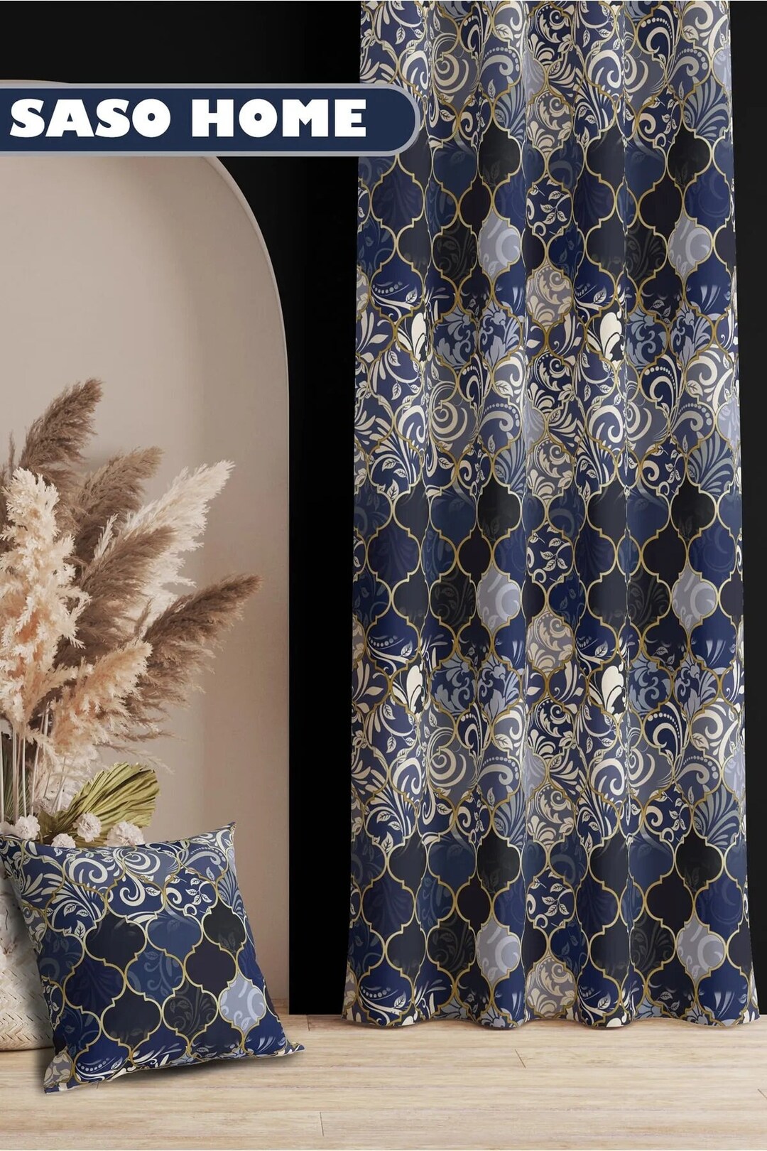 Navy Blue Vintage Ottoman Patterned Velvet Blackout Curtain 140x270 Etsy