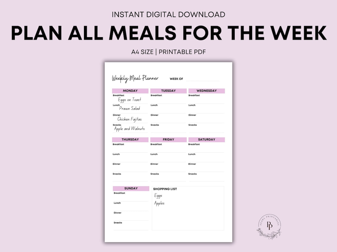 Printable Meal Planner A4 Size Printable PDF Weekly Meal Tracker ...