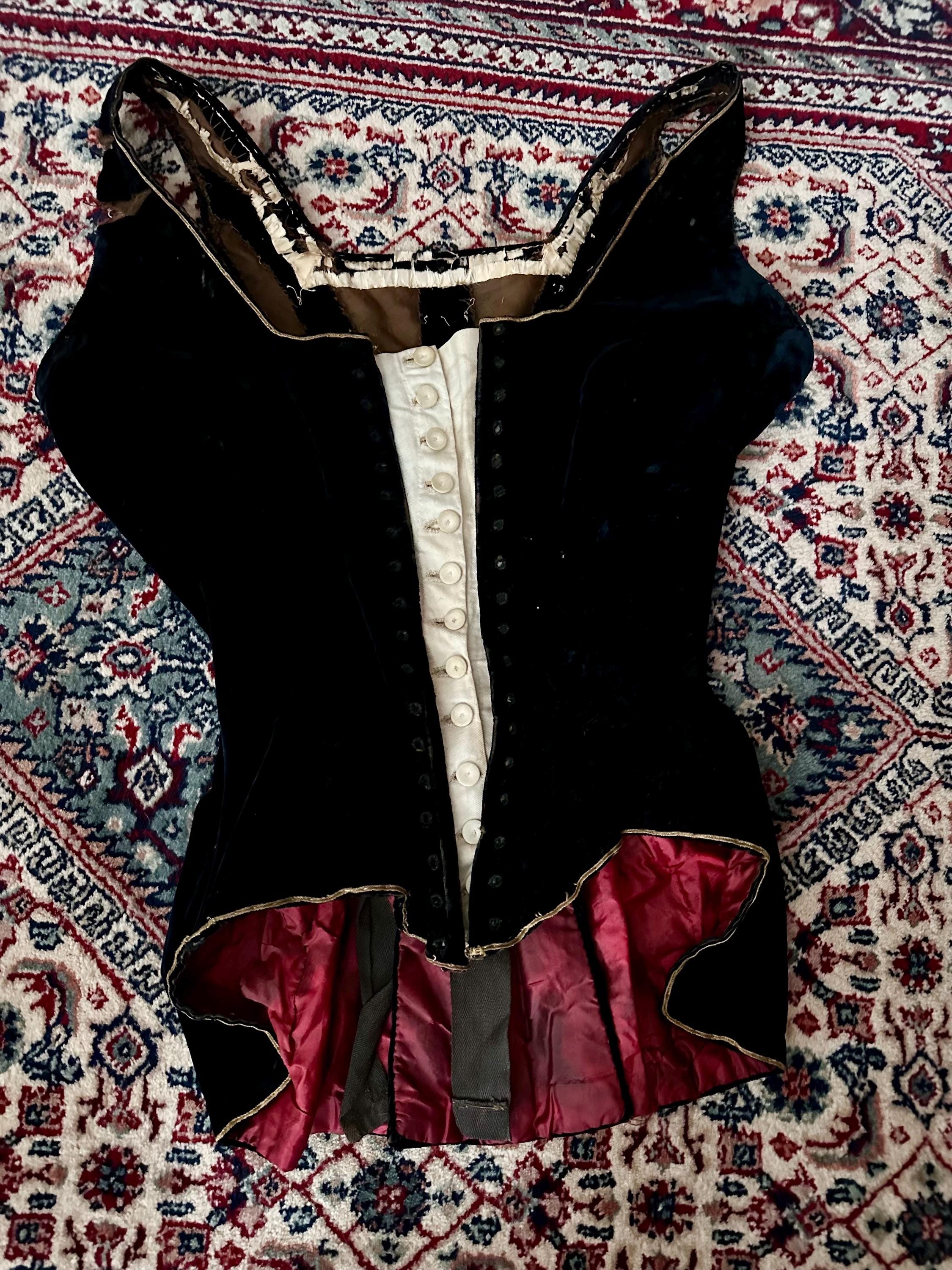 Rare English antique 19th century corset costume show girl top with red lining and button front for circus or cabaret