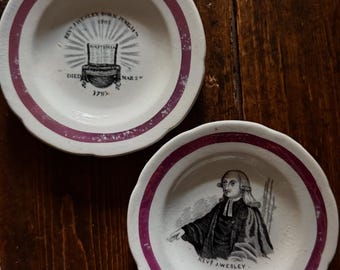 Late 18th century lustreware Methodist commemorative pair of plates of Rev Wesley and his death in 1797 nursery or child’s plates