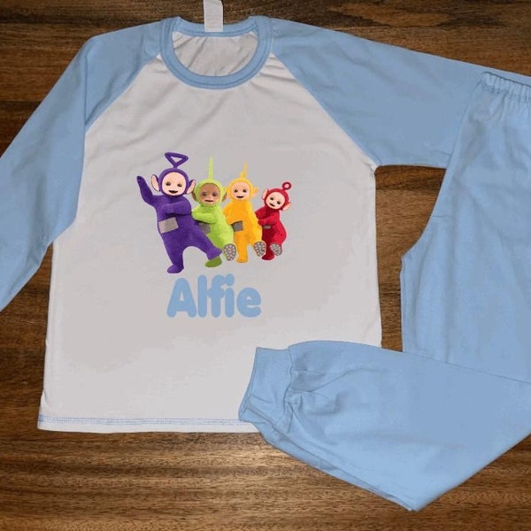 Kids personalised teletubbies pyjamas in pink or blue. Tinky winky, dipsy, la and po teletubbies gift birthday