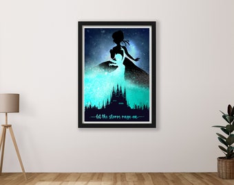 May include: A silhouette of a woman in a flowing dress standing in front of a castle with a blue and green starry sky background. The text "Let the storm rage on" is at the bottom of the image.