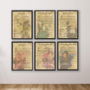 May include: Six printable wall art prints featuring illustrations of women in various poses, each with a different song title from the musical Six. The song titles are "No Way", "Don't Love Ur Head", "Heart of Stone", "Get Down", "All You Wanna Do", and "I Don't Need Your Love".