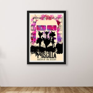 Pode incluir: Uma silhueta preta e branca de três figuras em pé na frente de um ônibus rosa e roxo com o texto "Priscilla Queen of the Desert" em um fundo creme.