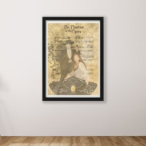 May include: A vintage-style illustration of the Phantom of the Opera and Christine Daae in a gondola, set against a background of sheet music. The title "The Phantom of the Opera" is printed at the top of the image.