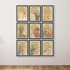 May include: Nine framed prints of musical scores with illustrations of characters from the Phantom of the Opera. The prints are arranged in a grid of three rows and three columns. The titles of the prints are "Think of Me", "The Phantom's  Curse", "Masquerade", "All I Ask of You", "The Point of No Return", and "All I Ask of You".