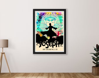 May include: A colorful, abstract poster with a silhouette of a person in a long coat and sunglasses. The poster has the text "Joseph" and "Any Dream Will Do" in black and white.