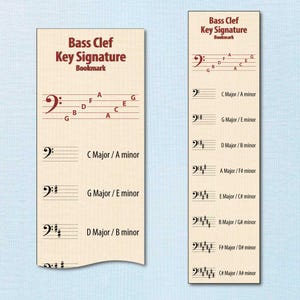 May include: Two rectangular bookmarks with a cream-coloured background and dark red text. They display the Bass Clef Key Signature, featuring musical staves with notes labelled A, B, C, D, E, F, G, and various major and minor key signatures.