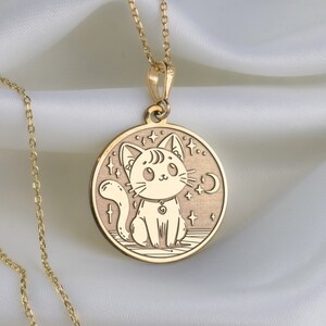 14K Solid Gold Cute Cat Necklace, Silver Cute Cat Pendant, Personalized Kitty Cat Necklace, Cute Animal Necklace Gold cat necklace for women