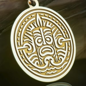 14K Solid Gold Tiki Mask Pendant, Polynesian Tribal Necklace, Ancient Tiki Amulet, Ocean Spirit Medallion, Pacific Islander Jewelry