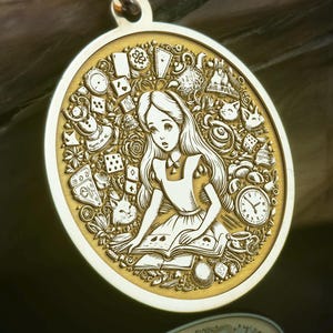 14K Solid Gold & Silver Alice in Wonderland Necklace Pendant, Fairytale Amulet, Rose Gold Charm, Unique Gift for Her