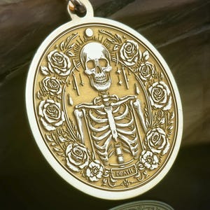 14K Solid Gold Death Skelett Anhänger, Memento Mori Floral Schädel Halskette, Gothic Rose Skelett Schmuck, Vanitas inspiriert Anhänger