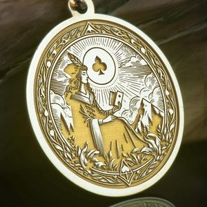 14K Gold Woman of Clubs Necklace Tarot Pendant, Mystical Silver & Gold Queen Charm, Card Muse Jewelry Gift for Her