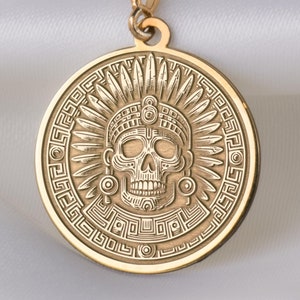 14K Solid Gold Aztec Skull Necklace, Life and Death Skull Pendant, Aztec Skull Charm Necklace, Silver Memento Mori Aztec Charm Necklace