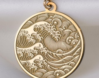 14K Solid Gold Ocean Wave Pendant Necklace, Japanese Inspired Wave Design, Circular Gold Charm, Elegant Ocean Jewelry, Nature-Inspired Charm