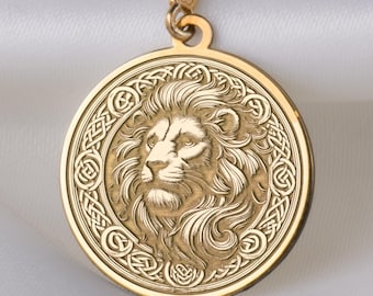14K Solid Gold Celtic Lion Pendant Necklace, Lion Head Pendant, Celtic Knot Charm Necklace, Celtic Lion Necklace, Celtic Lion Pendant