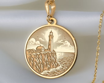 14K Solid Gold Guiding Light Lighthouse Necklace, Ocean Charm Pendant, Ocean Necklace, Lighthouse Necklace, Guiding Light Necklace