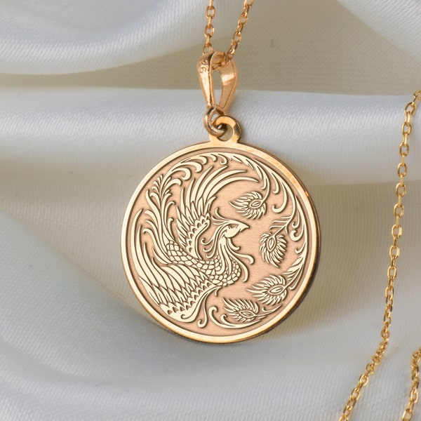 14K Solid Gold Phoenix Pendant, Silver Phoenix Charm Necklace, Resurrection Symbol, Phoenix Motif, Silver Griffin Pendant, Costellation Bird