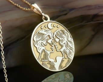 14K Solid Gold Two Lovers Necklace, Silver Lover charm, Personalized Couple Necklace Gold, gifts for couple, gifts for him, gifts for her