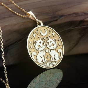14K Solid Gold Personalized Cat Lover Necklace, The Lovers Cats Pendant, The Cat Lovers Pendant, The Lover Cats Charm Necklace, gift for her