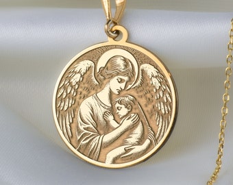 14K Solid Gold Angel Necklace, Guardian Angel Charm, Caring Angel Necklace, Protection Amulet, Serenity Necklace, Angelic Accessories