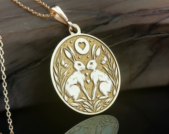 14K Solid Gold Personalized Rabbit Lovers, Lovers Tarot Deck Pendant, personalized couple necklace, gifts for couple, personalized charm