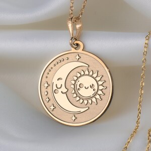 14K Solid Gold The Moon and The Sun Necklace, Silver Dainty The Sun and The Moon Pendant, Personalized Sun and Moon Charm Pendant