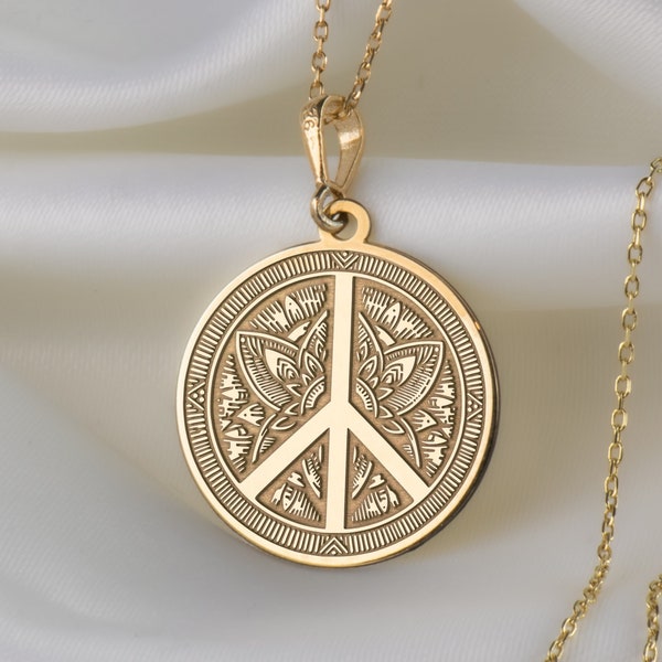 14K Solid Gold Peace Sign Necklace, Personalized Peace Pendant, Dainty Peace Necklace, Peace Symbol Jewelry, World Peace Charm, Friend Gifts