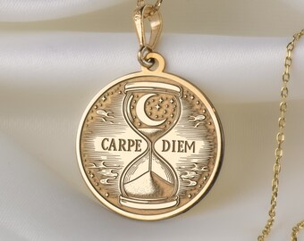 14K Solid Gold CarpeDiem Hourglass Necklace, Carpe Diem Hourglass Necklace, Living The Moment Charm, Mindfulness Necklace, Empowerment Charm