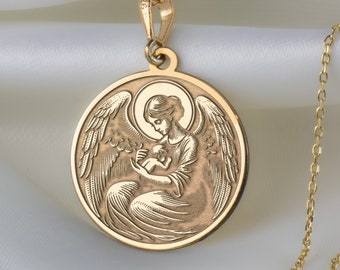 14K Solid Gold Angel Mother Necklace, Guardian Angel Charm, Caring Angel Necklace, Protection Amulet, Serenity Necklace, Angelic Accessories