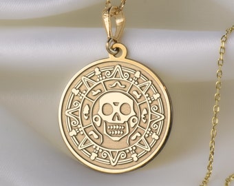 Collar de monedas de calavera pirata de oro macizo de 14K, collar de monedas de calavera, collar de monedas pirata, colgante de moneda pirata personalizado de plata, encanto de calavera