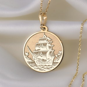 14K Solid Gold Pirate Necklace, Pirate Ship Pendant Necklace, Caribbean Charm Necklace, Silver Personalized Piracy Ship Charm Necklace