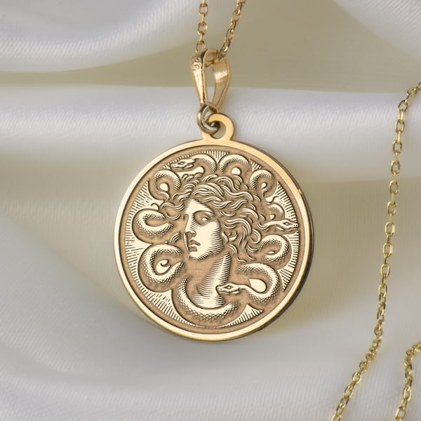 14K Solid Gold Medusa Necklace, Personalized Medusa Pendant, Gorgon Mythology Pendant, Greek Charm Necklace, Ancient Greek Mythology Charm