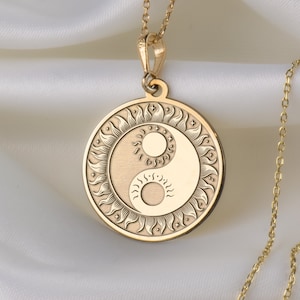 14K Solid Gold Celestial Yin and Yang Necklace, Celestial Pendant, Yin Yang Necklace, Silver Personalized Celestial Dualism Charm Necklace