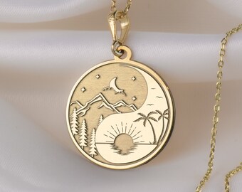 14K Solid Gold Day and Night Necklace, Day and Night Yin and Yang Pendant Necklace, Silver Personalized Day and Night Charm Necklace