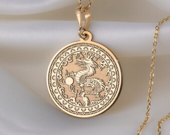 14K Solid Gold Traditional Dragon Necklace, Silver Mythical Dragon Necklace, Chinese Traditional New Year Dragon Pendant Necklace