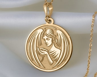 14K Solid Gold Angel Necklace, Guardian Angel Charm, Caring Angel Necklace, Protection Amulet, Serenity Necklace, Angelic Charm