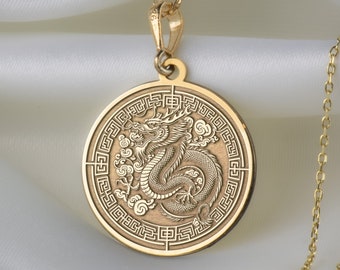 14K Solid Gold Dragon Necklace, Silver Mythical Dragon Necklace, Chinese Motif Dragon Pendant Necklace, Personalized Dragon Necklace