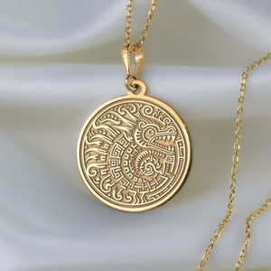 14K Solid Gold Aztec Pendant, Mayan Dragon Necklace, Mayan Pendant, Silver Mayan Necklace, Personalized Mayan Dragon Charm Pendant,