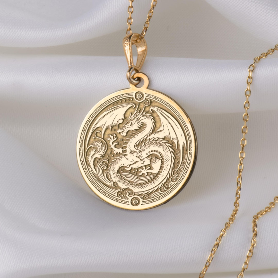 14K Solid Gold Dragon Pendant Necklace Gold Dragon Charm Mythical 14k-solid-gold-dragon-pendant-necklace-gold-dragon-charm-mythical